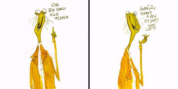 A goofy, elongated creature requests a smelly egg with dark humor in Kyle Beaudette's illustration.