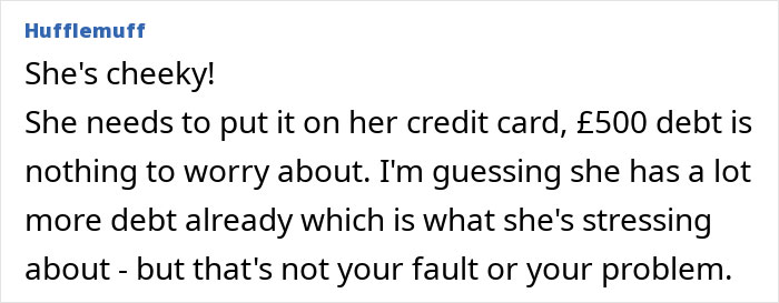Text response discussing friend&rsquo;s refusal to go into debt over a lost hairdryer, mentioning credit card and existing debt concerns.