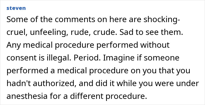 Text discussing unauthorized medical procedures during labia surgery.