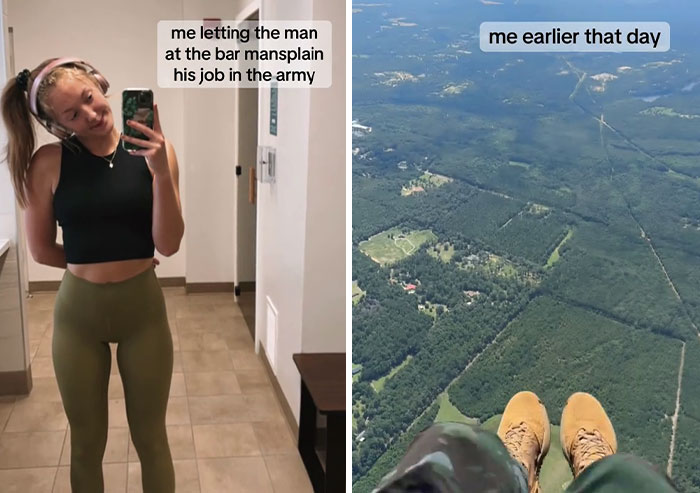 Woman smiling in a mirror selfie with text overlay about mansplaining; the next frame shows a skydiving view.