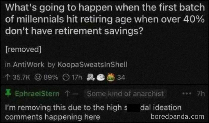 Screenshot discussing millennials' lack of retirement savings and removal of comments due to concerning ideation, highlighting dystopia.