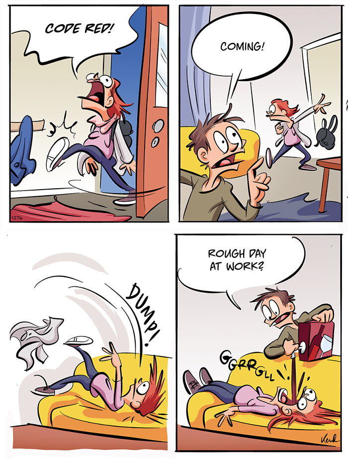 Cartoon of a decaying jack-o'-lantern on a railing with characters discussing its scary look.