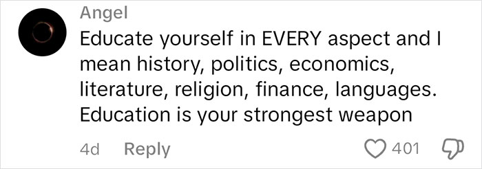 Social media comment urging education in history, politics, and current affairs.