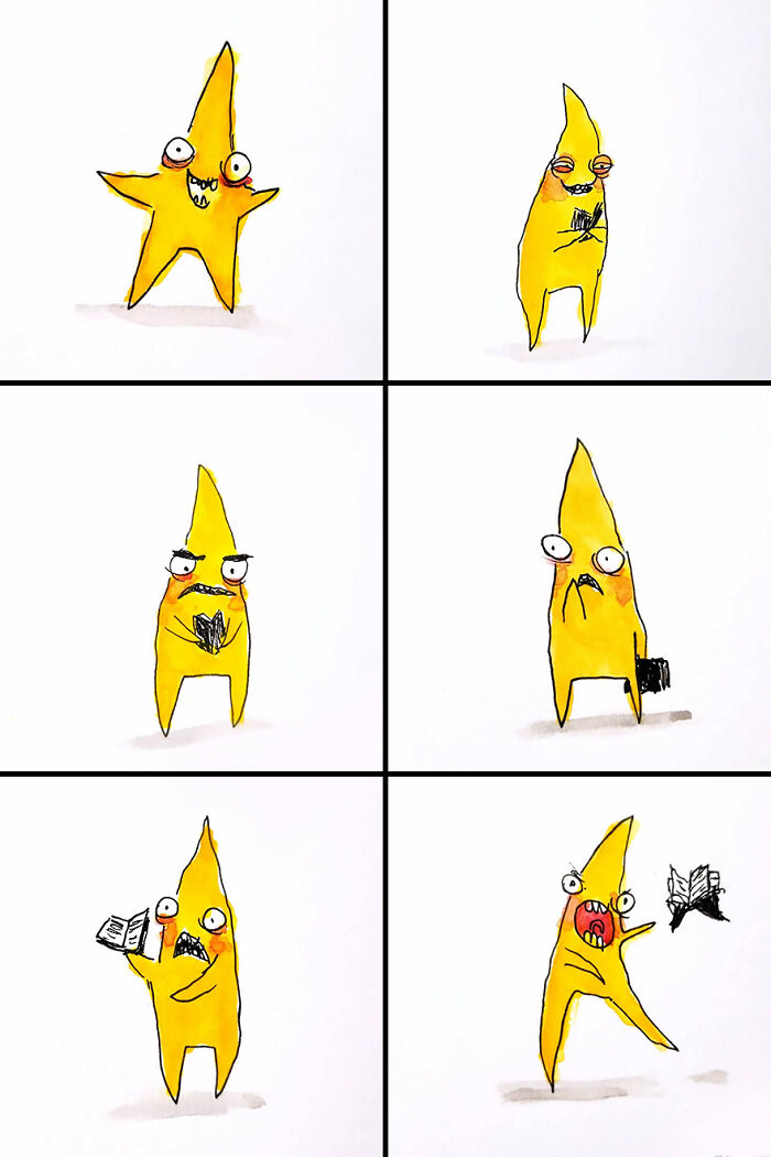 Goofy yet disturbing illustration by Kyle Beaudette featuring quirky yellow star characters with expressive faces.