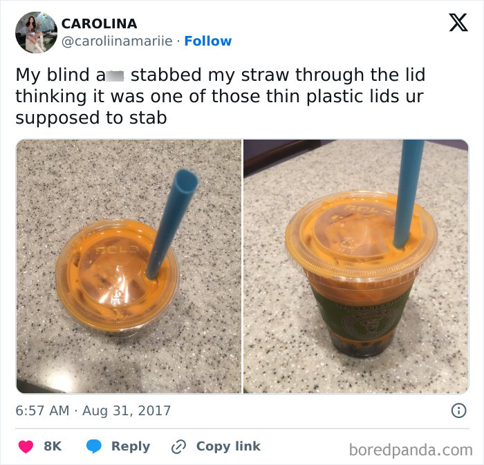 Blue straw in sealed cup, highlighting a hilarious misunderstanding of lid type.