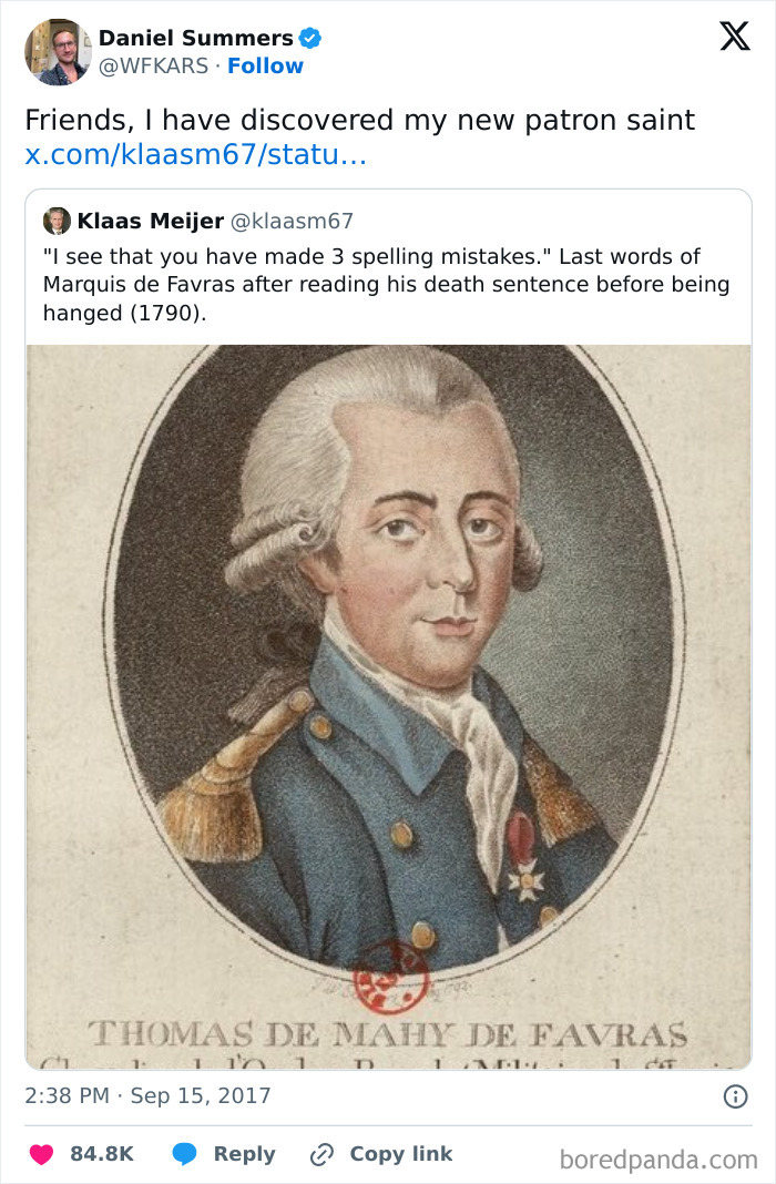 Millennial meme featuring a historical portrait and humorous tweet about spelling mistakes before e*******n.