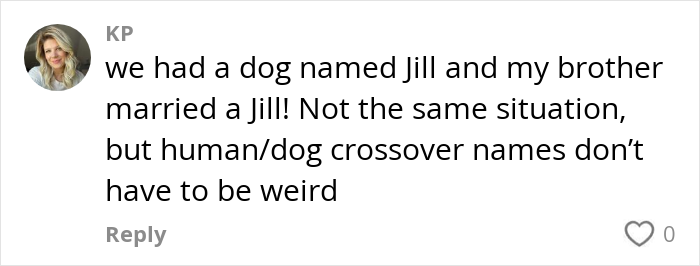 Comment discussing human and dog crossover names humorously.