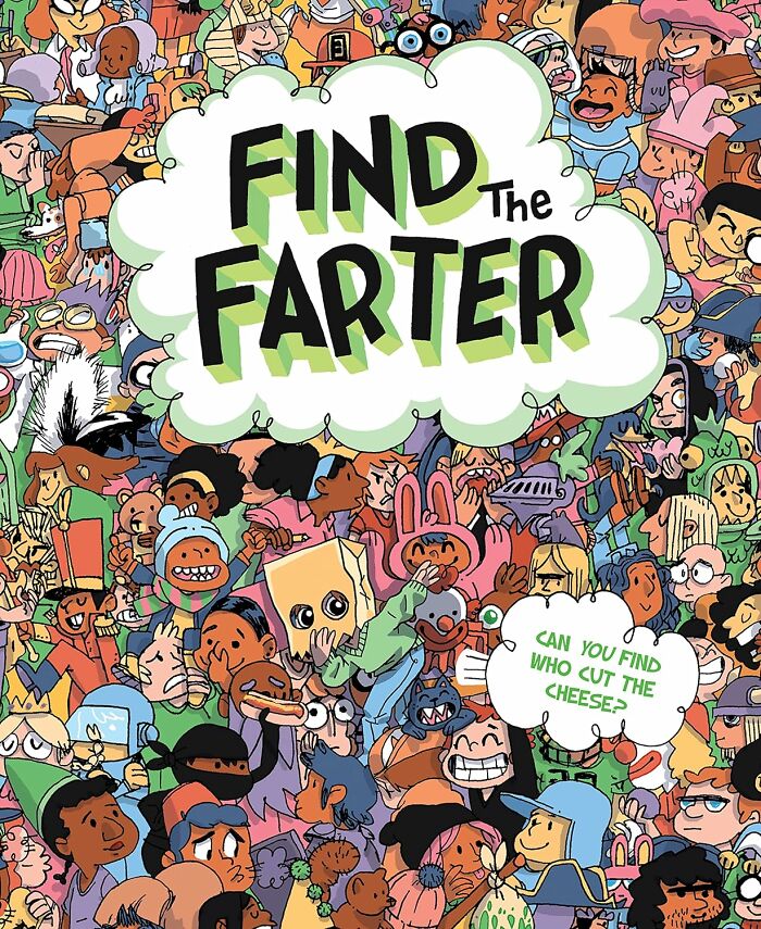 Colorful comic-style cover with various characters, featuring text "Find the Farter." Funniest Amazon finds theme.