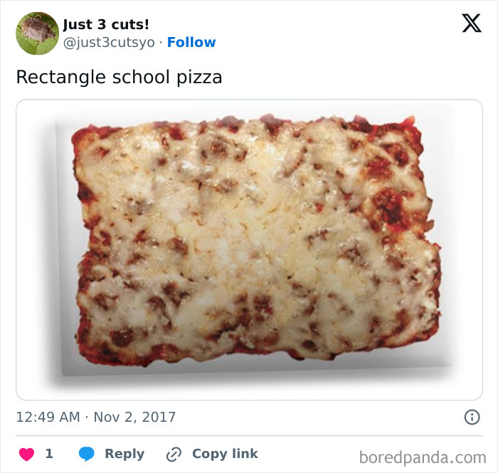 Rectangle school pizza evokes old-school items memories with its nostalgic shape and cheesy topping.