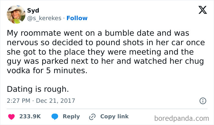 Tweet about awkward date moments with a roommate drinking shots nervously in a car before a Bumble date.