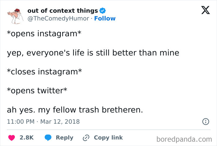 Funny social media post comparing Instagram and Twitter experiences; humorously highlights self-deprecating internet culture.