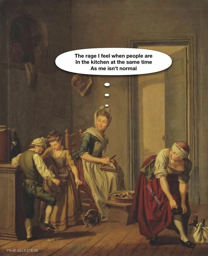 Classical art meme with a humorous caption about kitchen frustration.