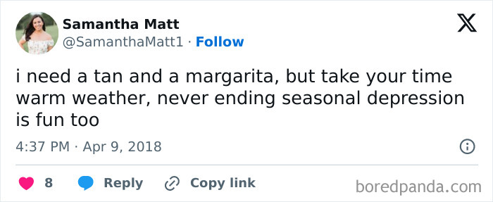 Tweet humor about millennials wanting a tan and margarita, referencing seasonal depression.