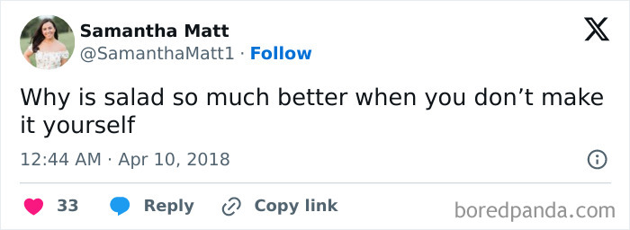 Tweet about salads humorously questioning why they're better not homemade. Millennials humor.