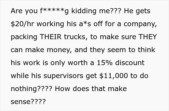 Text expressing frustration over unfair work compensation, highlighting a store discount vs supervisor's $11k bonus. Text expressing frustration over unfair work compensation, highlighting a store discount vs supervisor's $11k bonus.