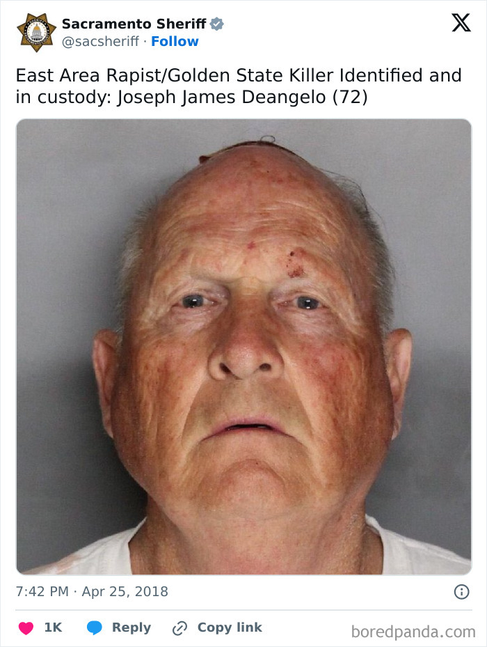 Elderly man's mugshot, significant true-crime plot twist.