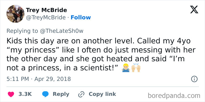 Tweet about a funny parent-child conversation where a child insists on being called a scientist, not a princess.
