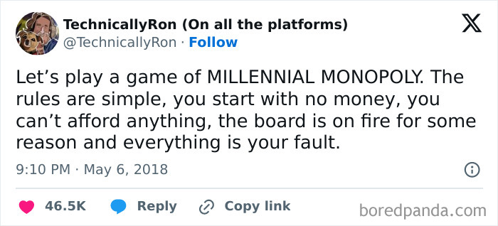 "Humorous meme about Millennial Monopoly highlighting relatable struggles faced by millennials today."