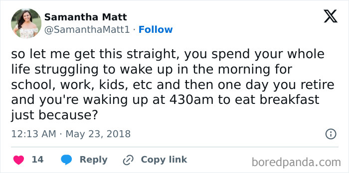 A tweet humorously questions waking up early in retirement, reflecting funny millennial perspectives.