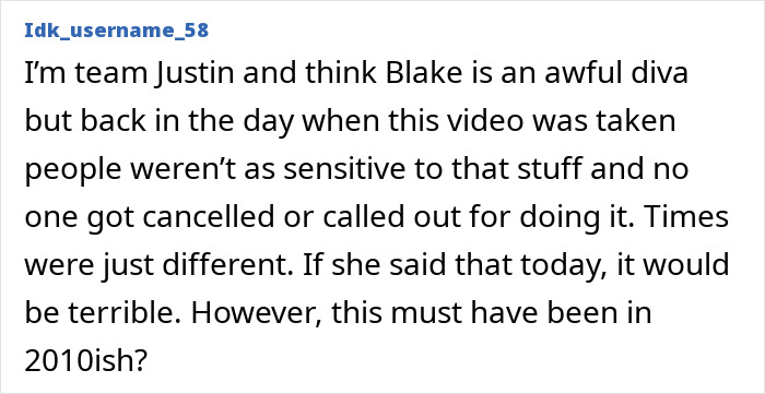 Comment discussing Blake Lively and blackface controversy, mentioning sensitivity and cancellation culture over time.