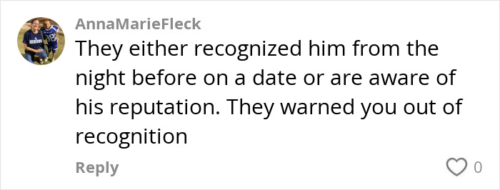 Comment about a woman's date reputation, noting potential recognition and warning. Comment about a woman's date reputation, noting potential recognition and warning.