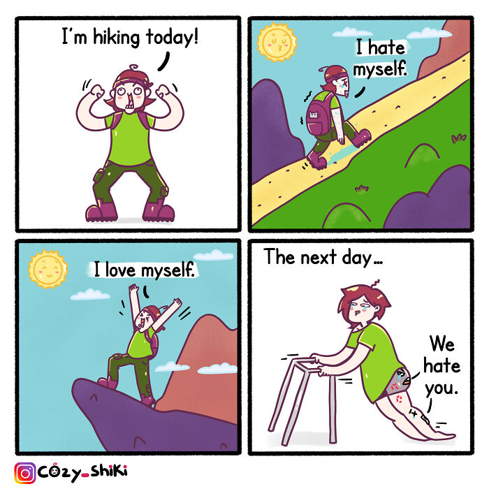 Artist's comic on hiking: character starts enthusiastically, struggles, celebrates, and ends exhausted the next day.