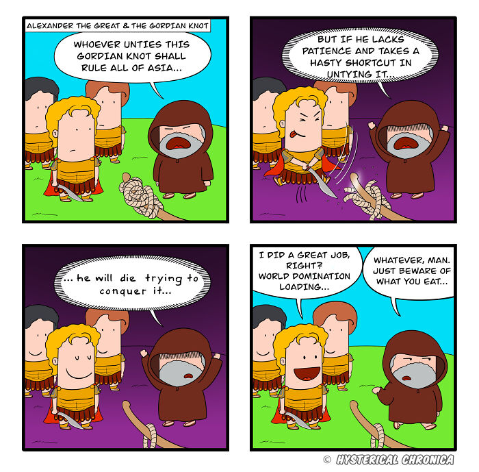 Comic strip of historical characters facing modern struggles with Alexander the Great and the Gordian Knot.
