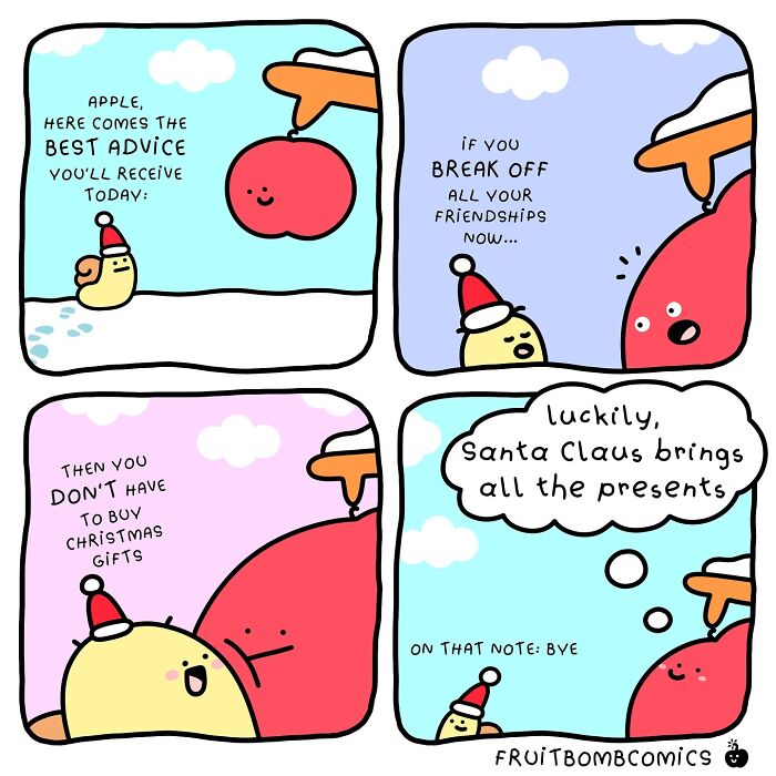 Humorous comic featuring fruit characters discussing the benefits of breaking off friendships before Christmas.
