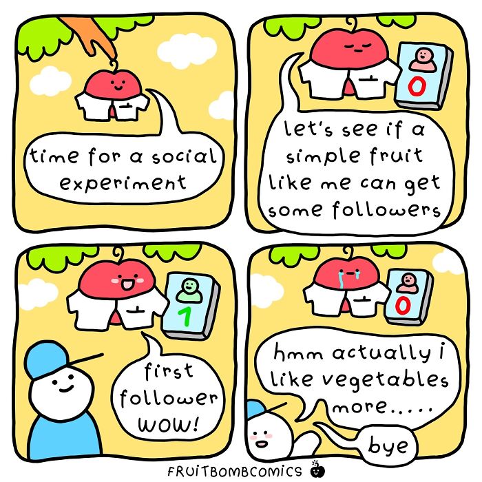 Humorous comic by artist featuring a fruit attempting to gain social media followers, highlighting a playful twist.