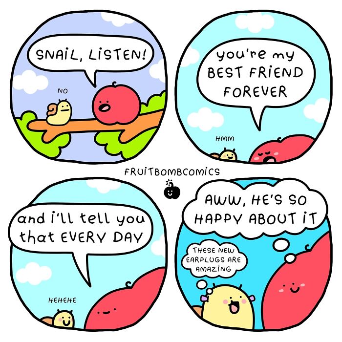 Humorous comics featuring a snail and fruit character sharing friendship and laughter.