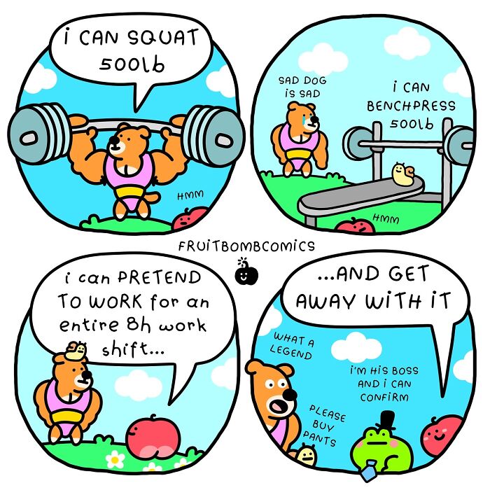 Humorous comic by artist featuring animals discussing impressive feats and work antics in playful settings.