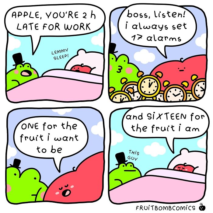 Humorous comic depicting fruit characters discussing being late for work with multiple alarms.
