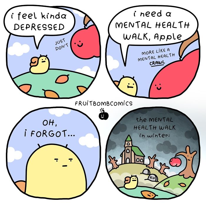 Humorous comic by artist FruitBombComics about a depressed character needing a mental health walk with an apple.