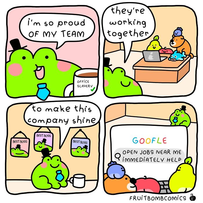 Humorous comic by artist shows a frog boss praising teamwork, while secretly searching for open jobs online.