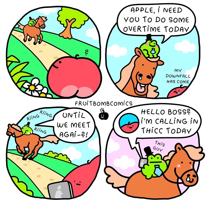 Humorous comic by artist featuring animals and fruit characters in a playful storyline.