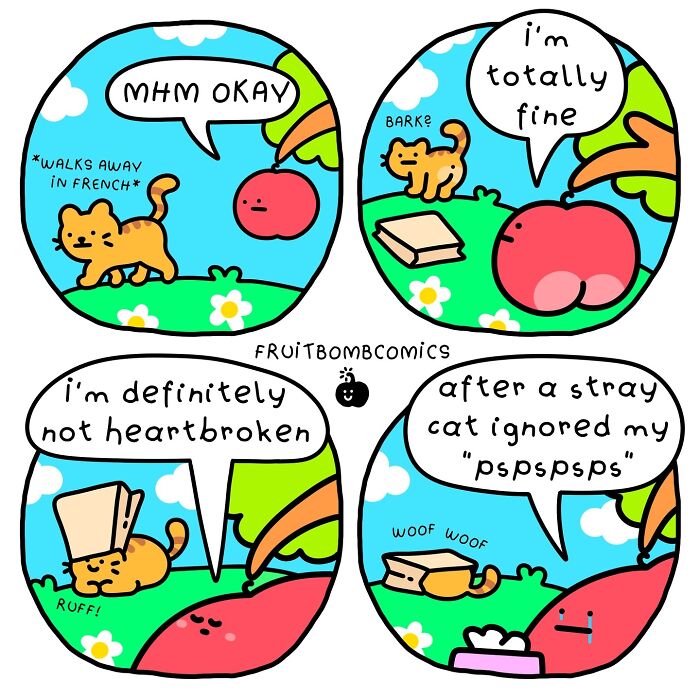 Humorous comic by artist featuring a cat, a red character, and playful dialogue that might "make your cheeks dance."