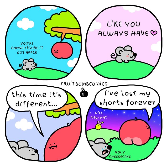 Humorous comic by artist featuring an apple and mouse having a playful conversation, capturing funny moments and expressions.