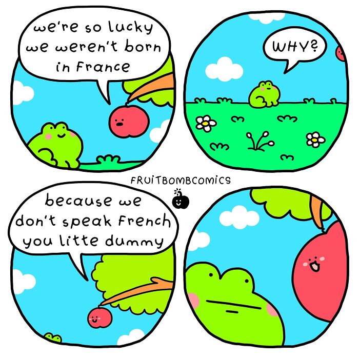 Humorous comic featuring a conversation between a red fruit and a frog about not being born in France.