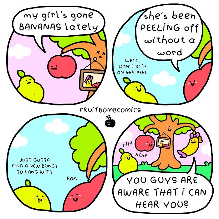Humorous comic by artist featuring animated fruits having a playful conversation.