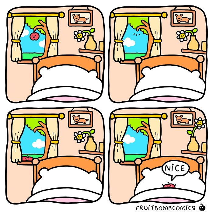 Humorous comic strip featuring a character in bed enjoying a view outside the window with a satisfied expression.