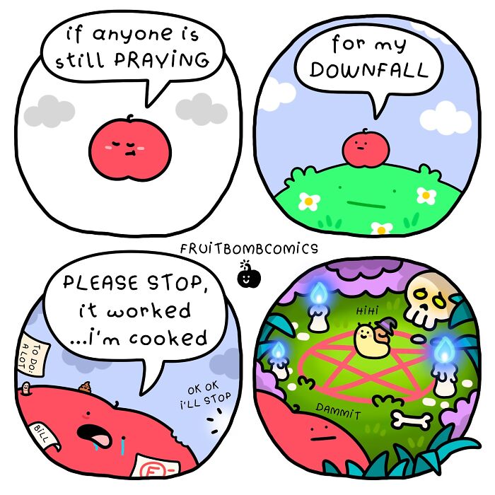 Humorous comic by artist featuring a character in various scenarios, expressing exaggerated reactions to unexpected outcomes.