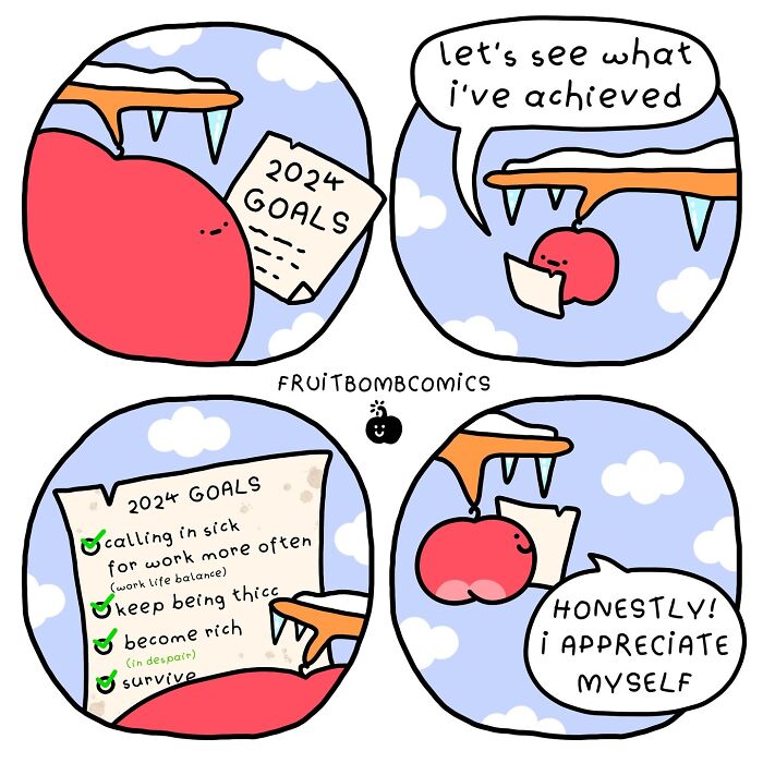 Humorous comic by artist featuring a round character reviewing 2024 goals with playful accomplishments.