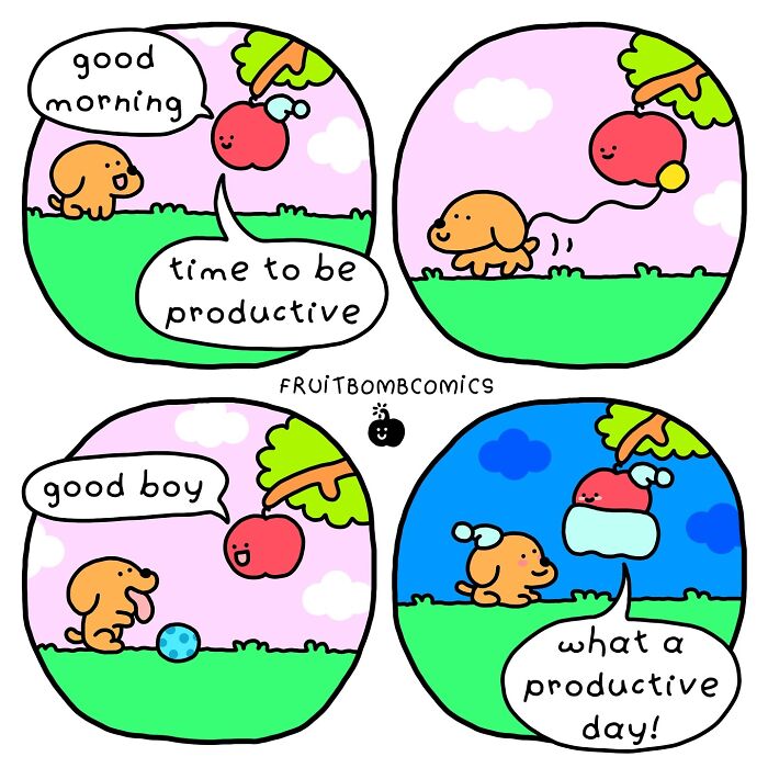 Humorous comic by artist with a dog and apple interacting, promoting productivity with playful dialogue.