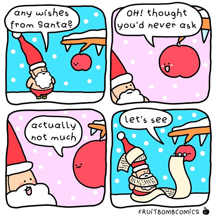 Artist's humorous comic featuring Santa and a talking ornament, showcasing witty dialogue.