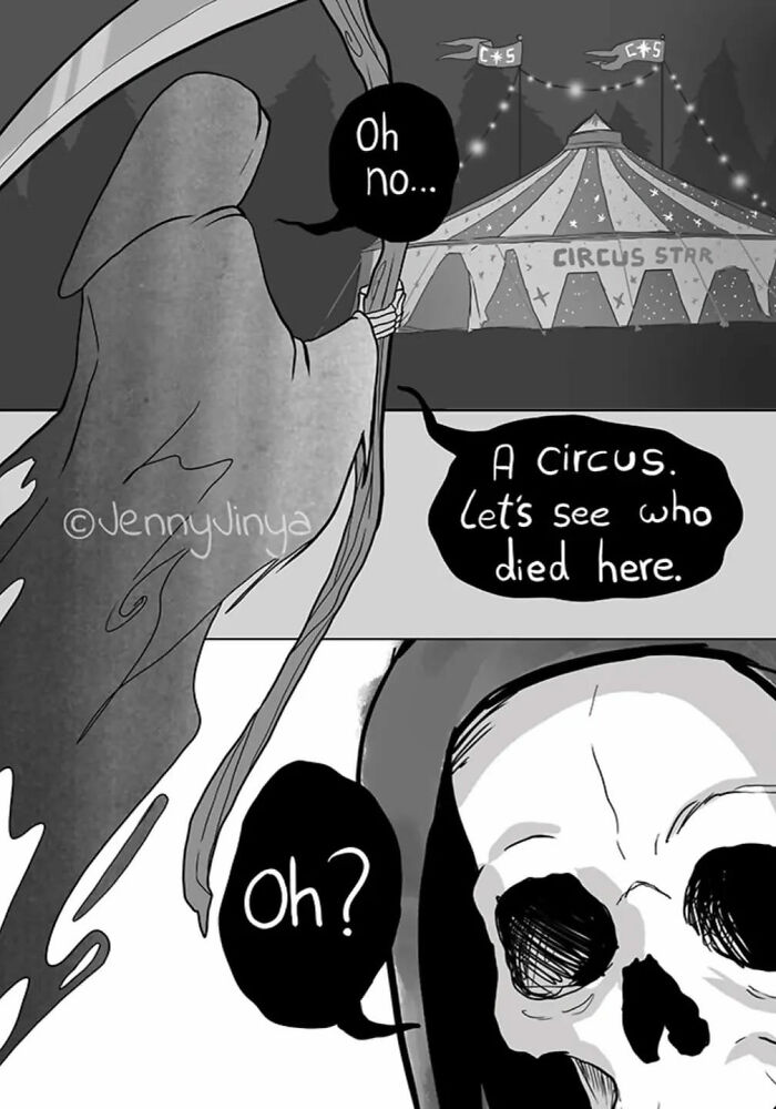 A grim reaper character visiting a circus, expressing surprise with emotional themes in animal comics artistry. A grim reaper character visiting a circus, expressing surprise with emotional themes in animal comics artistry.