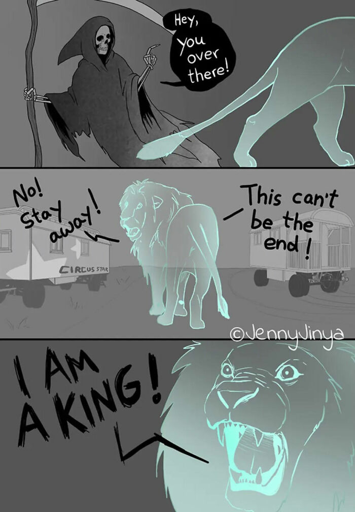 Comic by artist featuring emotional scene with a lion confronting a grim reaper. Comic by artist featuring emotional scene with a lion confronting a grim reaper.