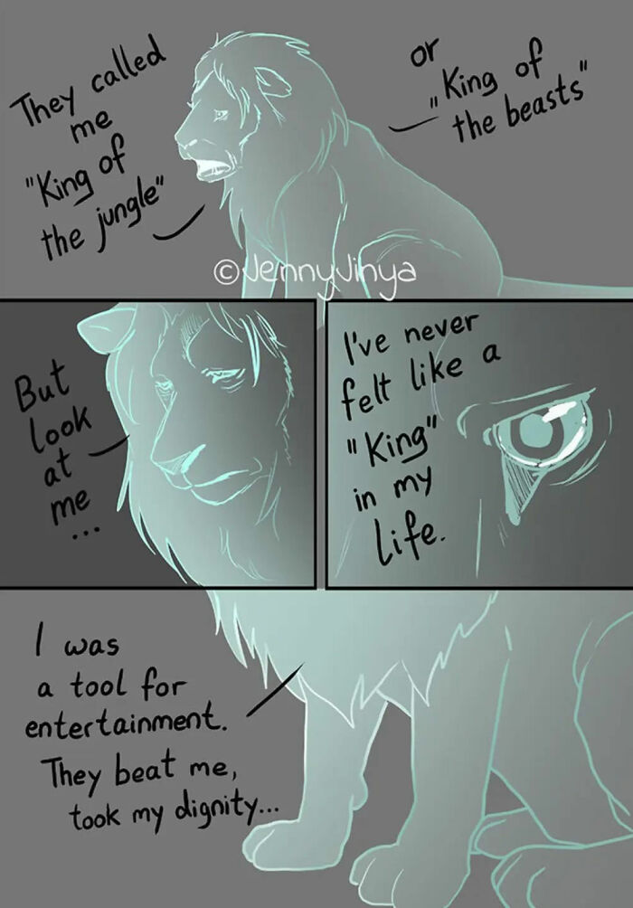 Emotional animal comic featuring a lion reflecting on being called "King of the jungle" and feeling exploited. Emotional animal comic featuring a lion reflecting on being called "King of the jungle" and feeling exploited.