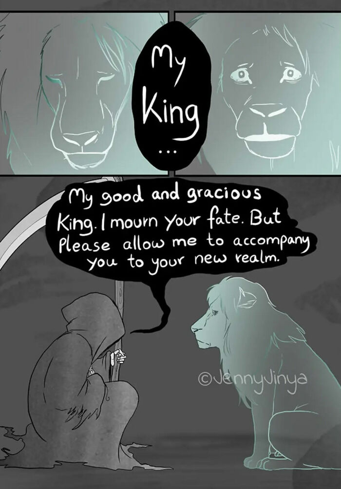 Emotional animal comic featuring a lion, with a hooded figure accompanied by text expressing sorrow and farewell. Emotional animal comic featuring a lion, with a hooded figure accompanied by text expressing sorrow and farewell.
