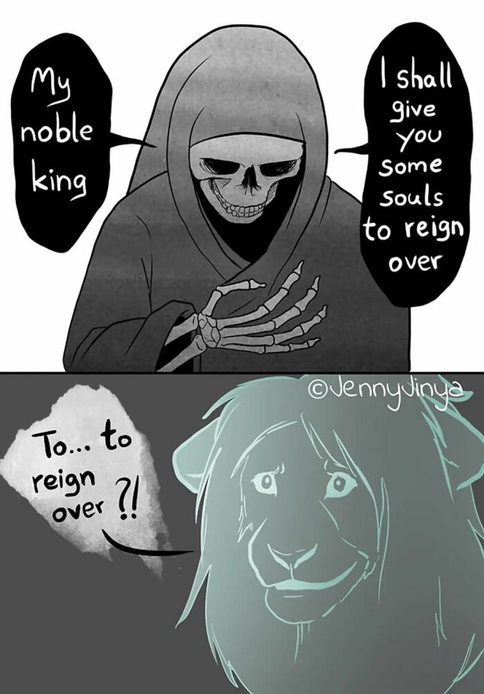 Emotional animal comic featuring a skeleton offering souls to a surprised lion. Emotional animal comic featuring a skeleton offering souls to a surprised lion.
