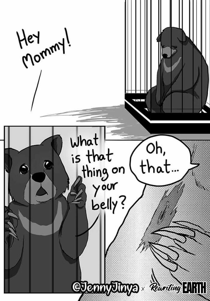 Emotional animal comic featuring bears discussing a scar in a cage setting. Emotional animal comic featuring bears discussing a scar in a cage setting.